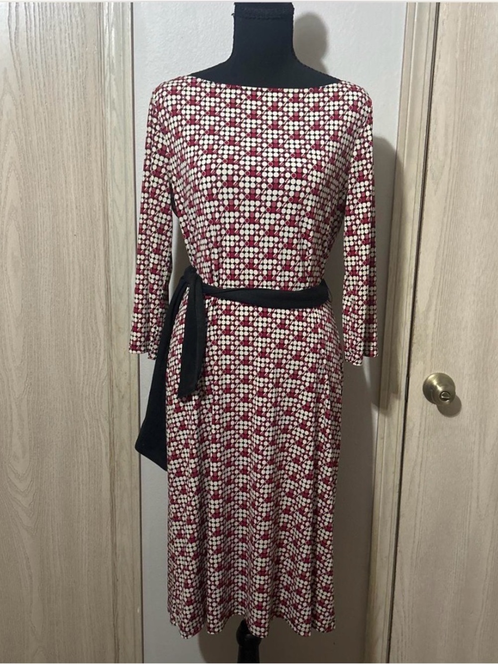 Tracy Evans Red and White Geometric Boatneck Maxi Dress with Black Sash
